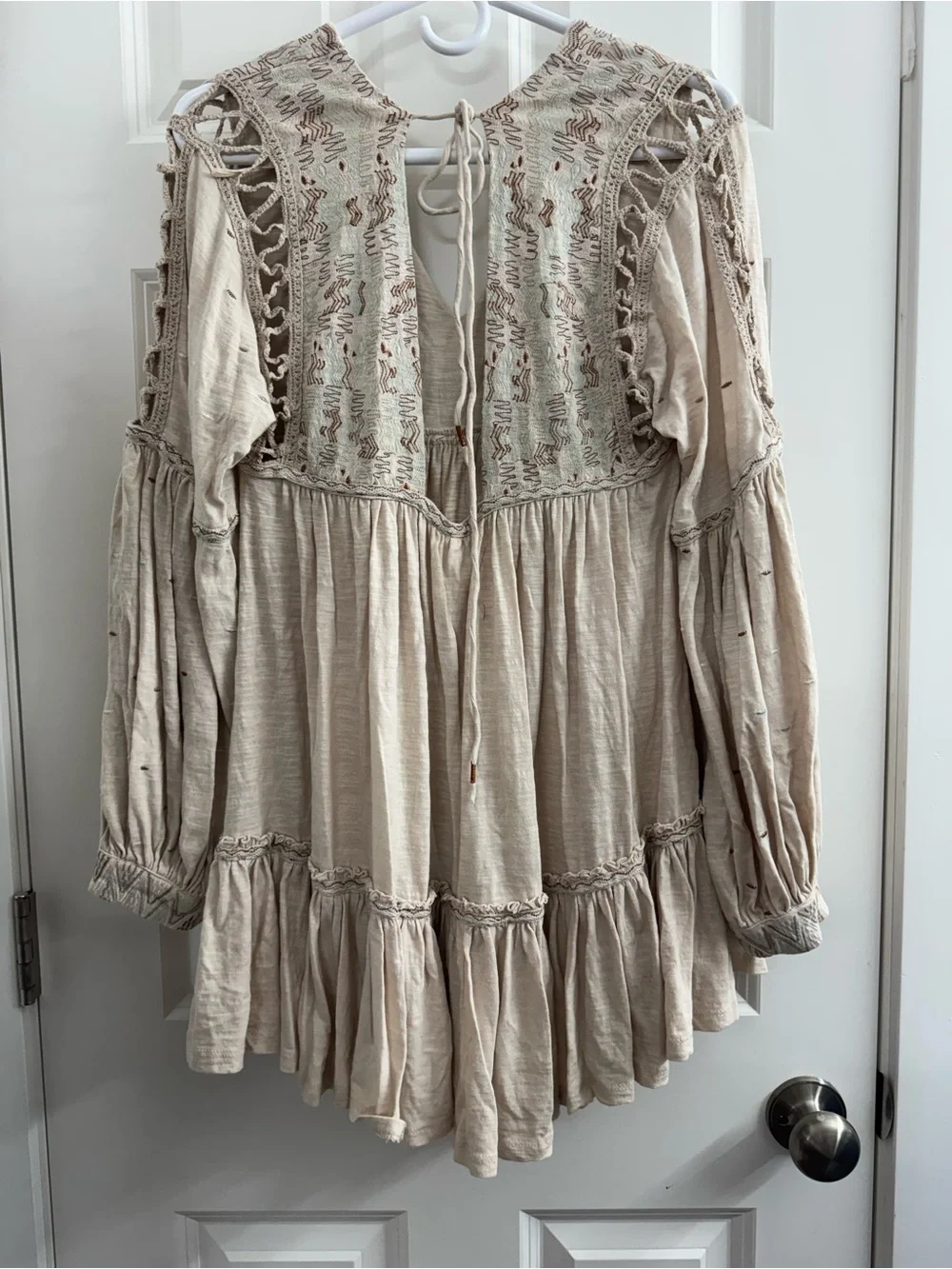 **Sold** Free People Boho Embroidered Babydoll Mini Dress Cream Crochet Sleeve - Picture 3 of 11